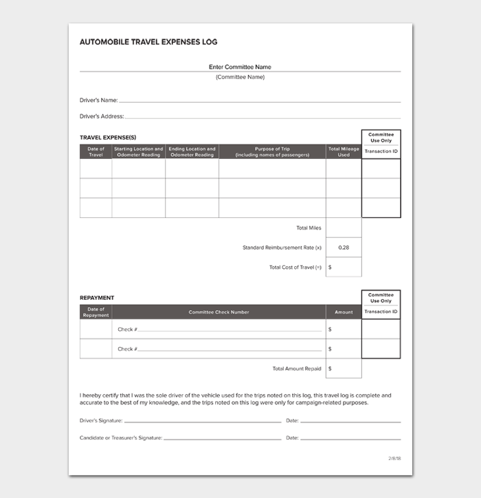 travel log sheet template
